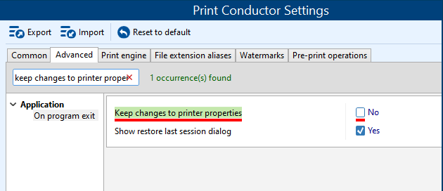 Keep changes to printer properties on program exit