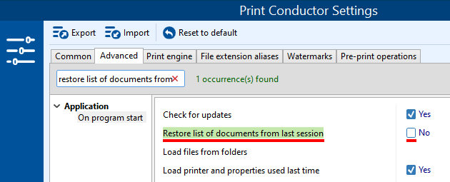 Restoring the last printing session in Print Conductor